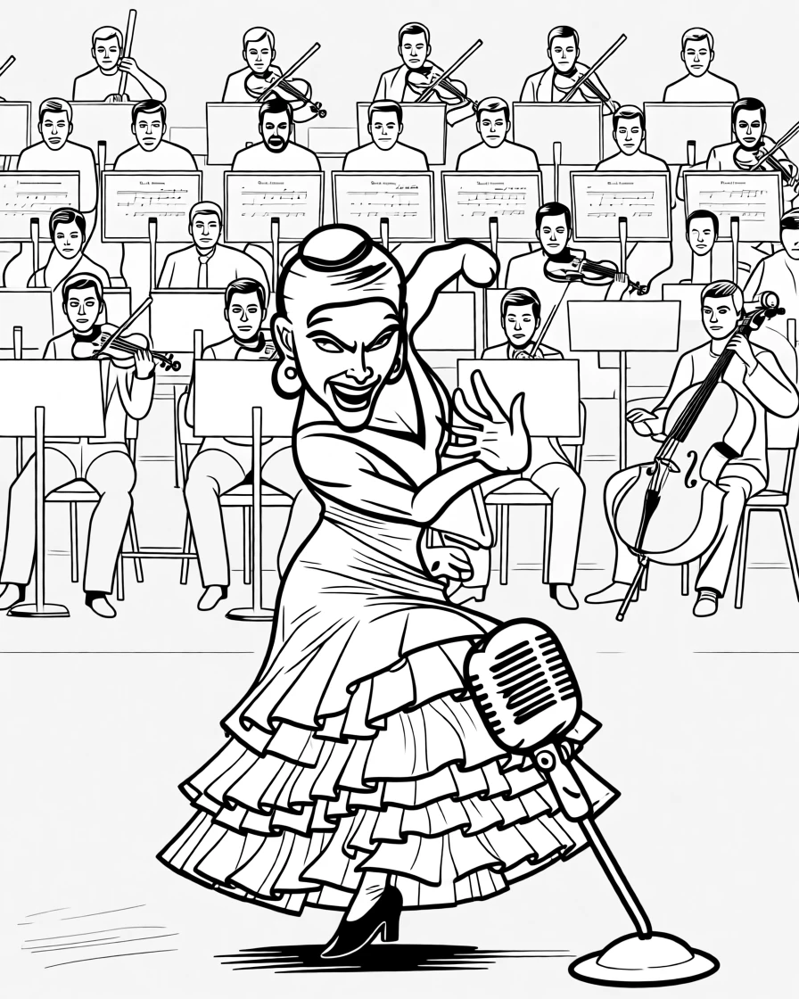 A flamenco dancer stomping with fierce, fiery focus, gesturing dramatically at the crowd for the chorus, set in front of a full symphony orchestra. A worn microphone stand tilts slightly from the energy. The scene bursts with raw, electric passion for music.