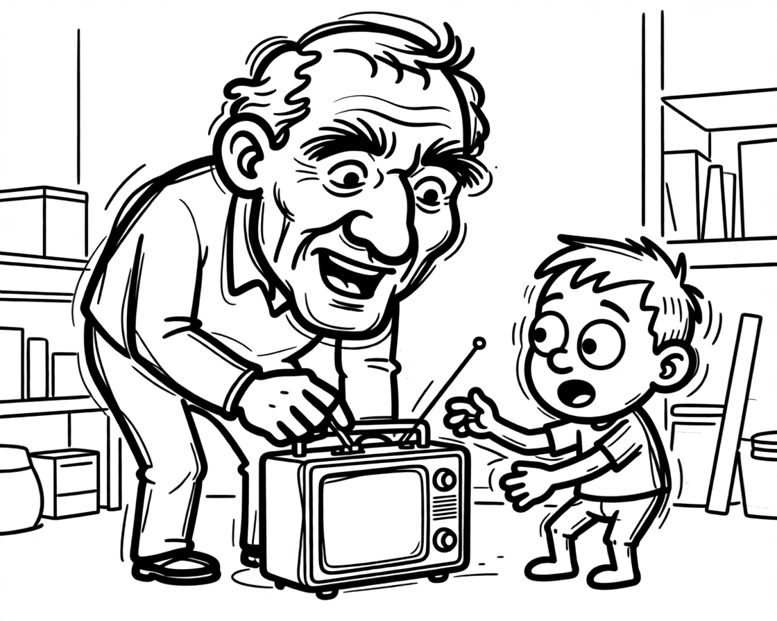 A grandfather showing his grandson how to fix an old radio in a cluttered garage.