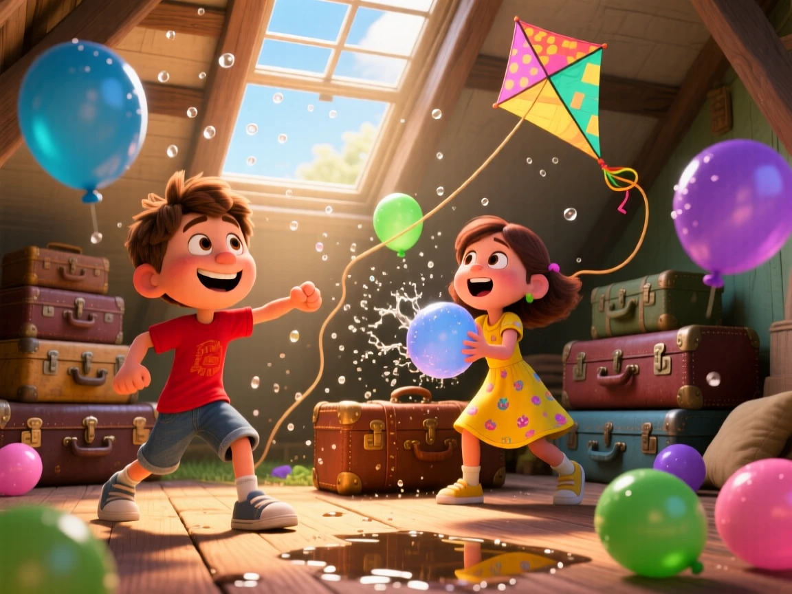 Kids having a water balloon fight in the backyard takes place in an attic filled with dusty old trunks, with a kite string trailing off into the sky. The atmosphere feels fun, spirited, and full of laughter.