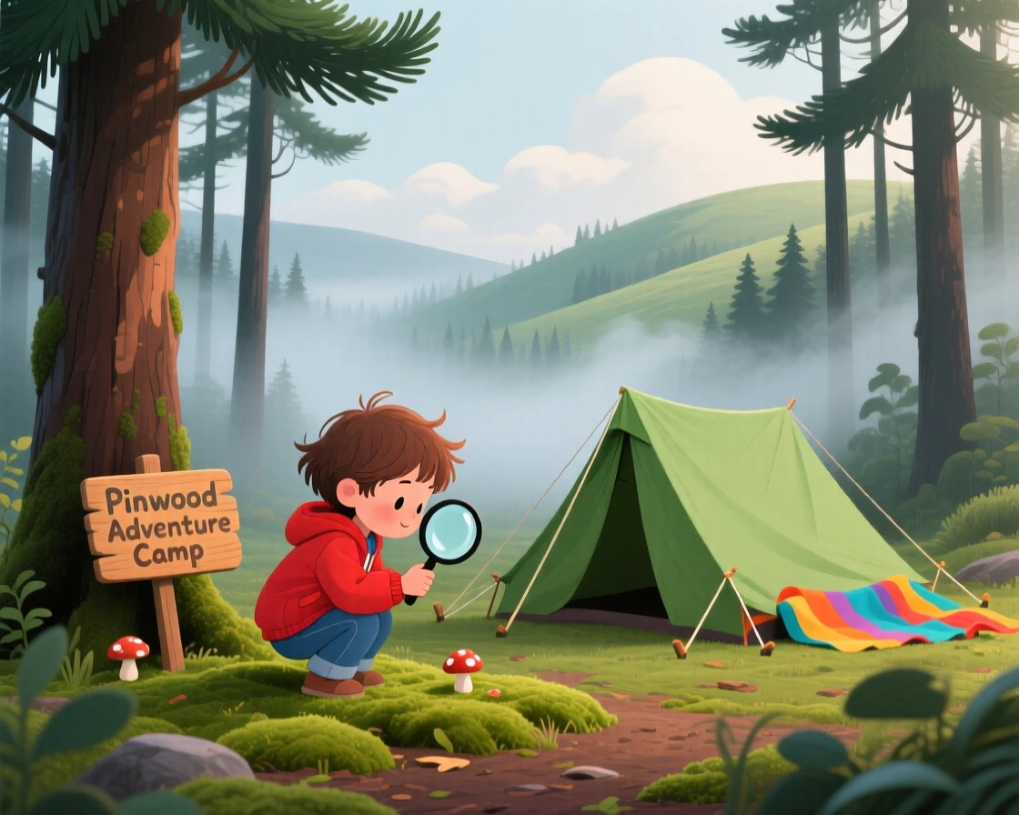 A child with a magnifying glass spends the day pitching a tent beneath tall pine trees through a foggy morning woodland, as clouds cast slow shadows across the hills.