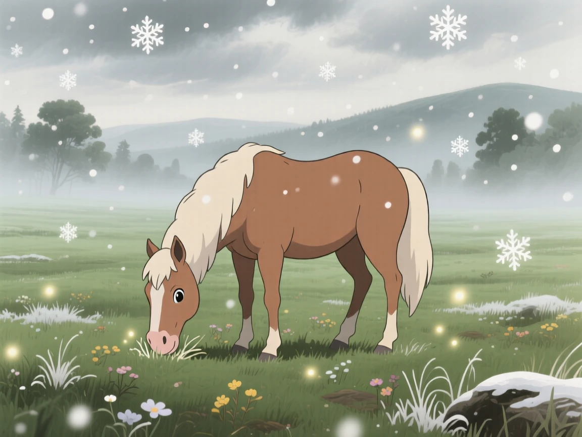 A horse grazing peacefully in a misty pasture, as gentle snow drifts down around it, radiating pure charm.