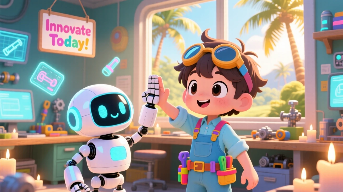 Over-the-shoulder view: a child engineer, high-fiving a friendly helper robot, set against a bright futuristic workshop on a warm tropical afternoon, with gentle candlelight and a mood of bubbly enthusiasm.