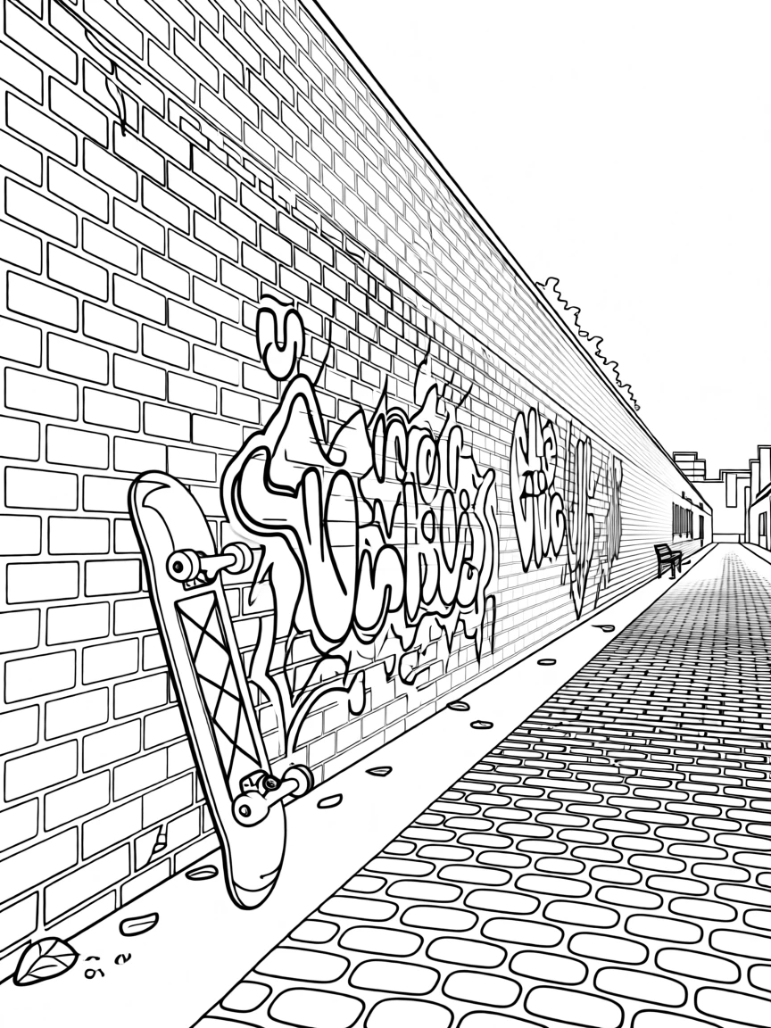 A skateboard resting against a graffiti-covered wall, with cobblestone streets stretching into the distance.