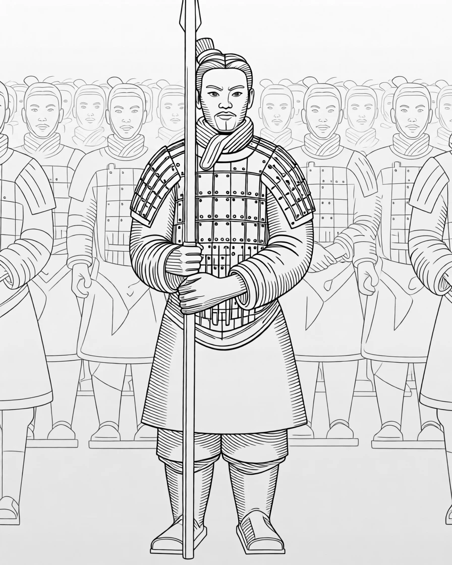 An ancient Chinese terracotta warrior standing in formation