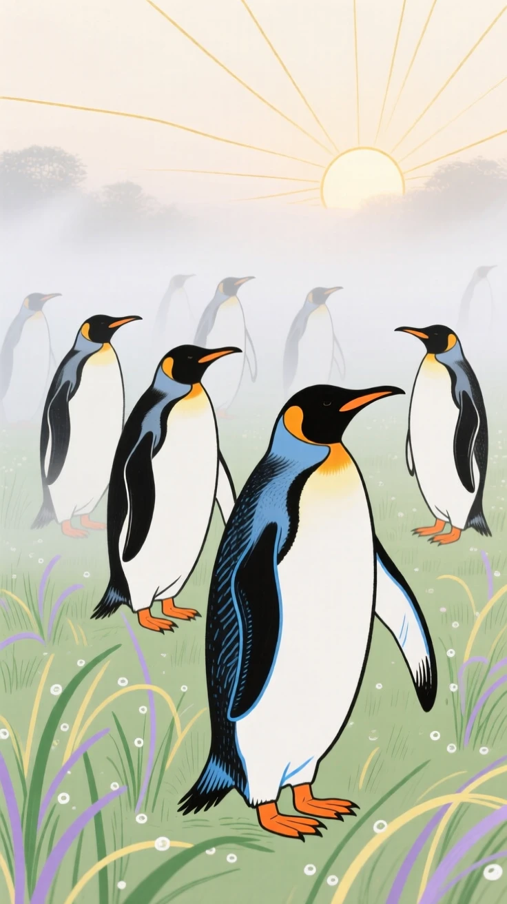 A group of penguins stretching in the morning light in a misty morning field in early spring.