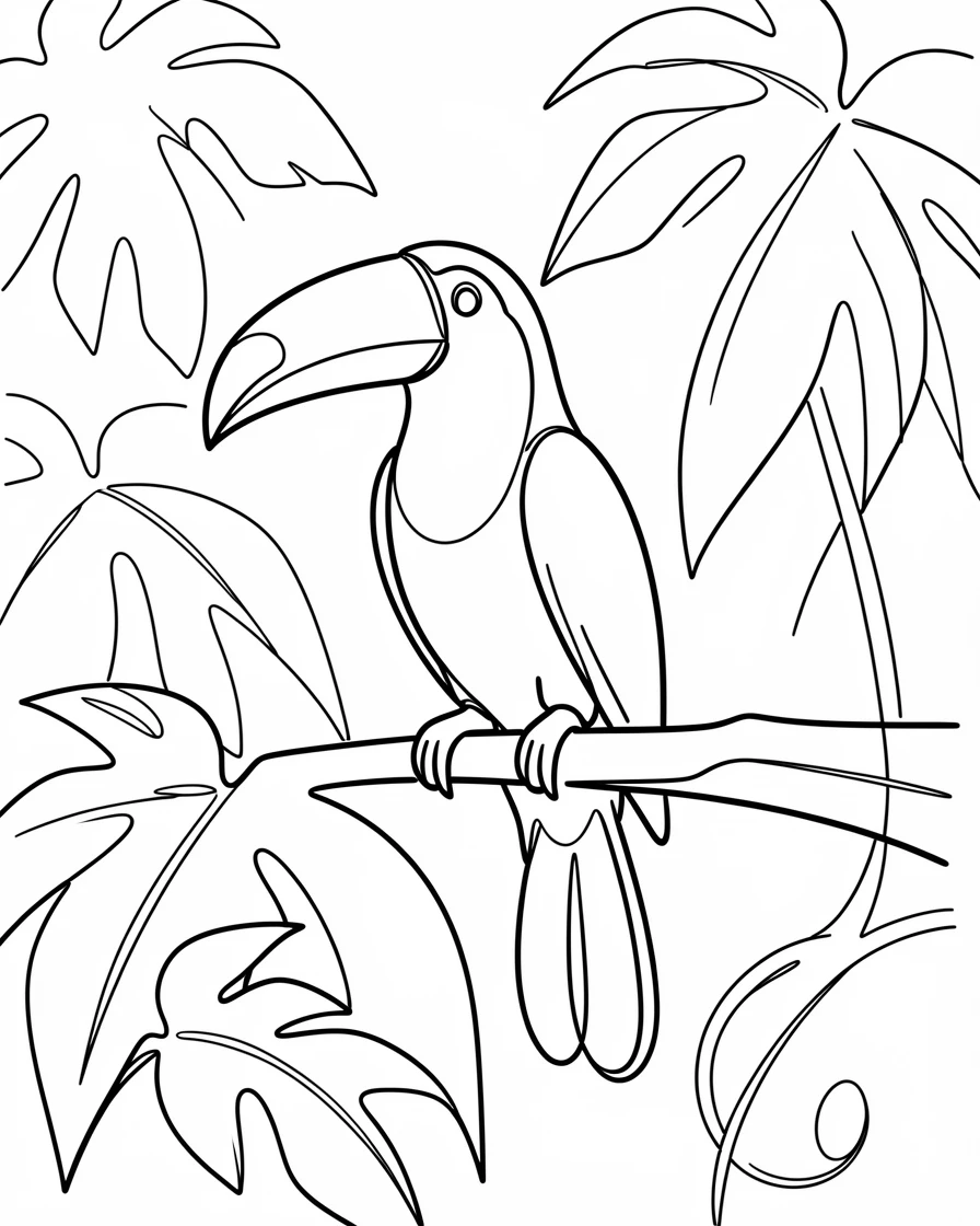 A toucan perched on a branch in a dense tropical rainforest