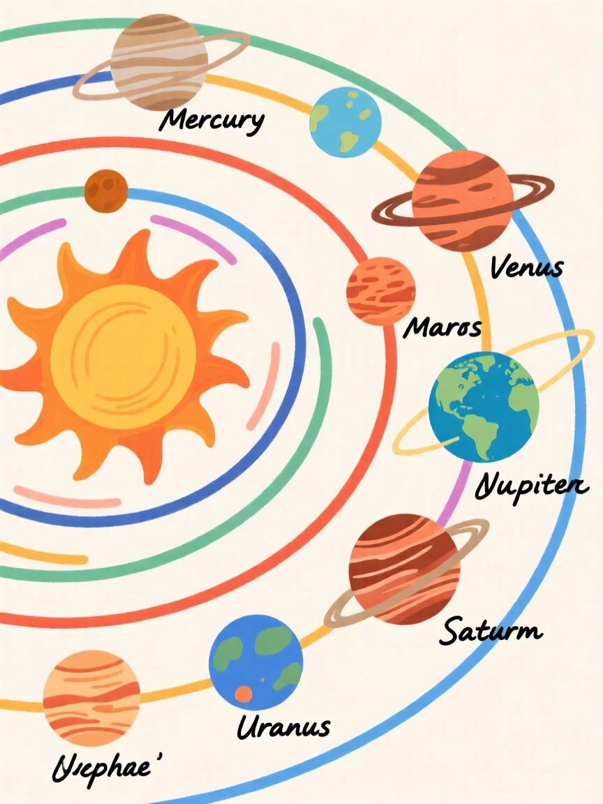 A colorful diagram-style scene of the solar system with planets in orbit.