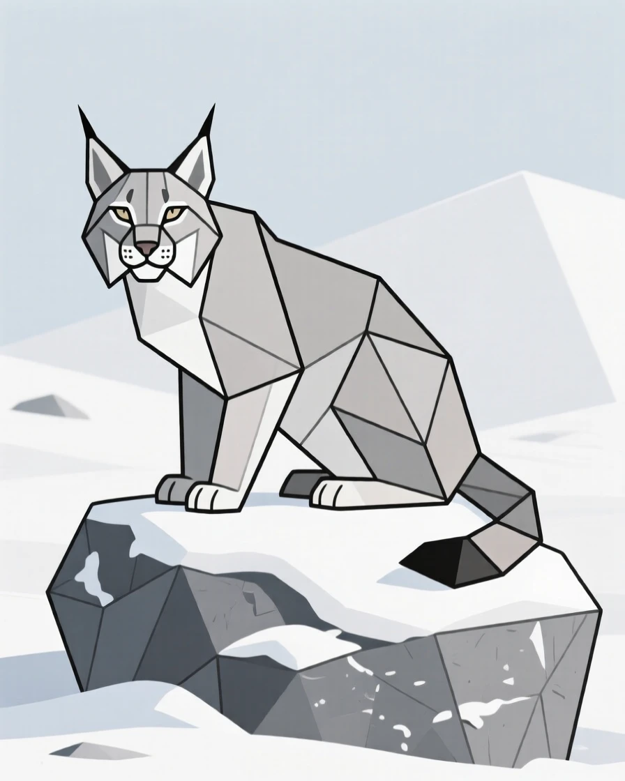 A lynx crouched on a snow-covered rock