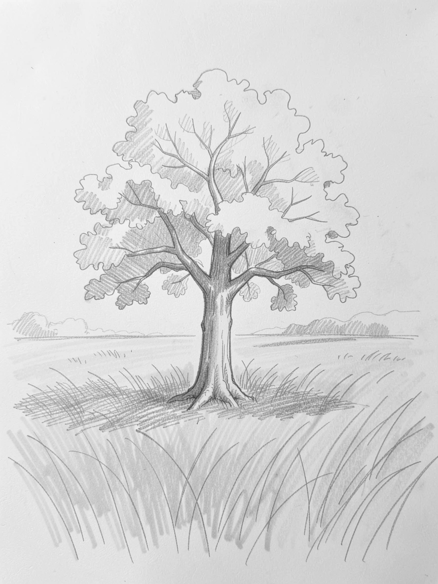 A peaceful moment of a solitary tree standing in an open golden field in complete stillness and silence, conveying gentle strength and resilience.