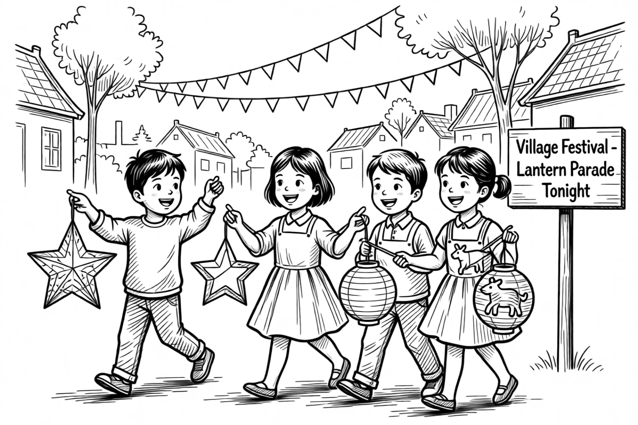 A festive village festival with children carrying handmade paper lanterns.