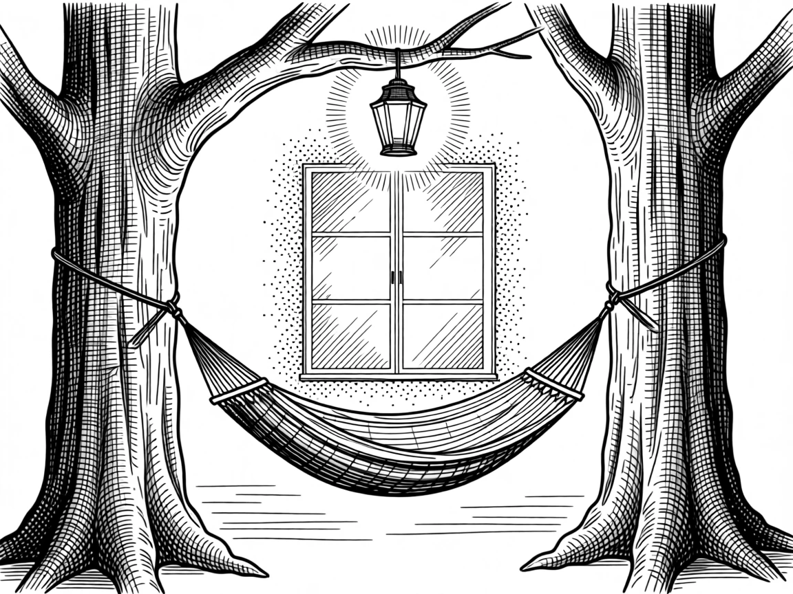 A hammock strung between two trees at sunset beneath the glow of a single warm lamp, with a window fogged slightly at the edges, evoking a softly meditative sense of calm.