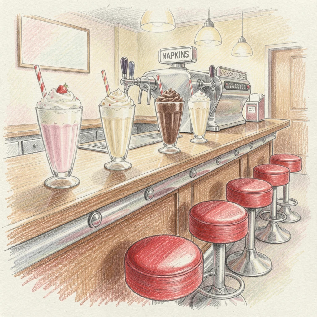 A classic soda fountain counter with milkshakes and red stools, captured in a quiet, intimate moment full of atmosphere, capturing a quiet story that lingers with the viewer.