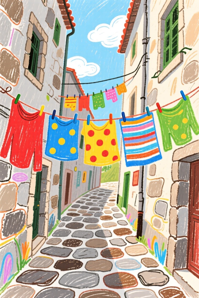 A narrow cobblestone alley lined with colorful hanging laundry.
