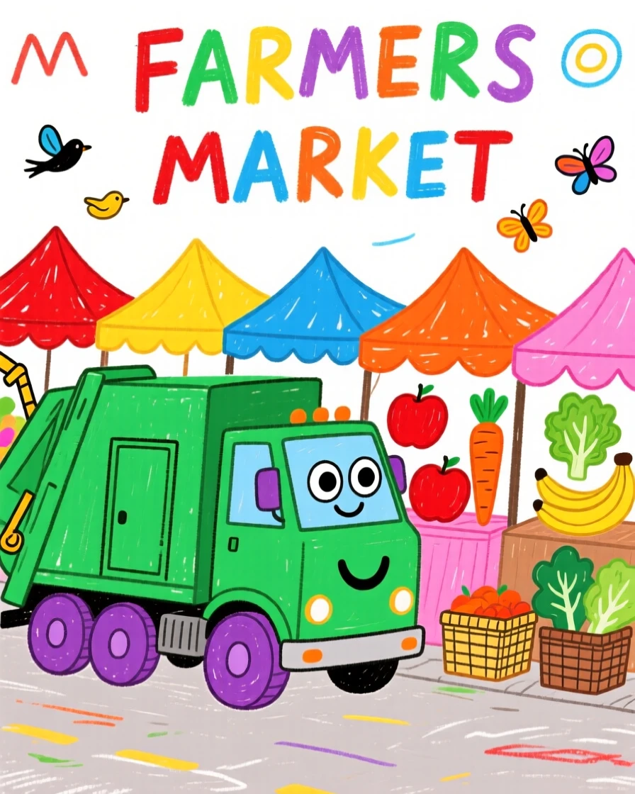 A friendly garbage truck parked beside a colorful farmers market.