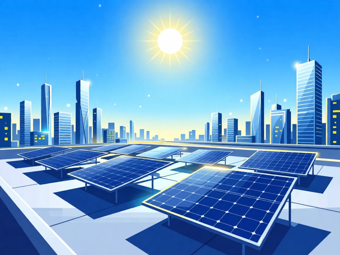 A rooftop solar farm glowing under a bright midday sun, surrounded by twinkling city lights at night, arranged with a sense of sleek, futuristic order, with a subtle sense of wonder about future possibilities.