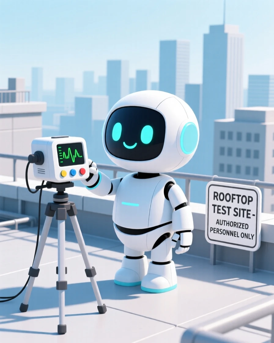 A friendly AI assistant testing new equipment in a rooftop testing site.