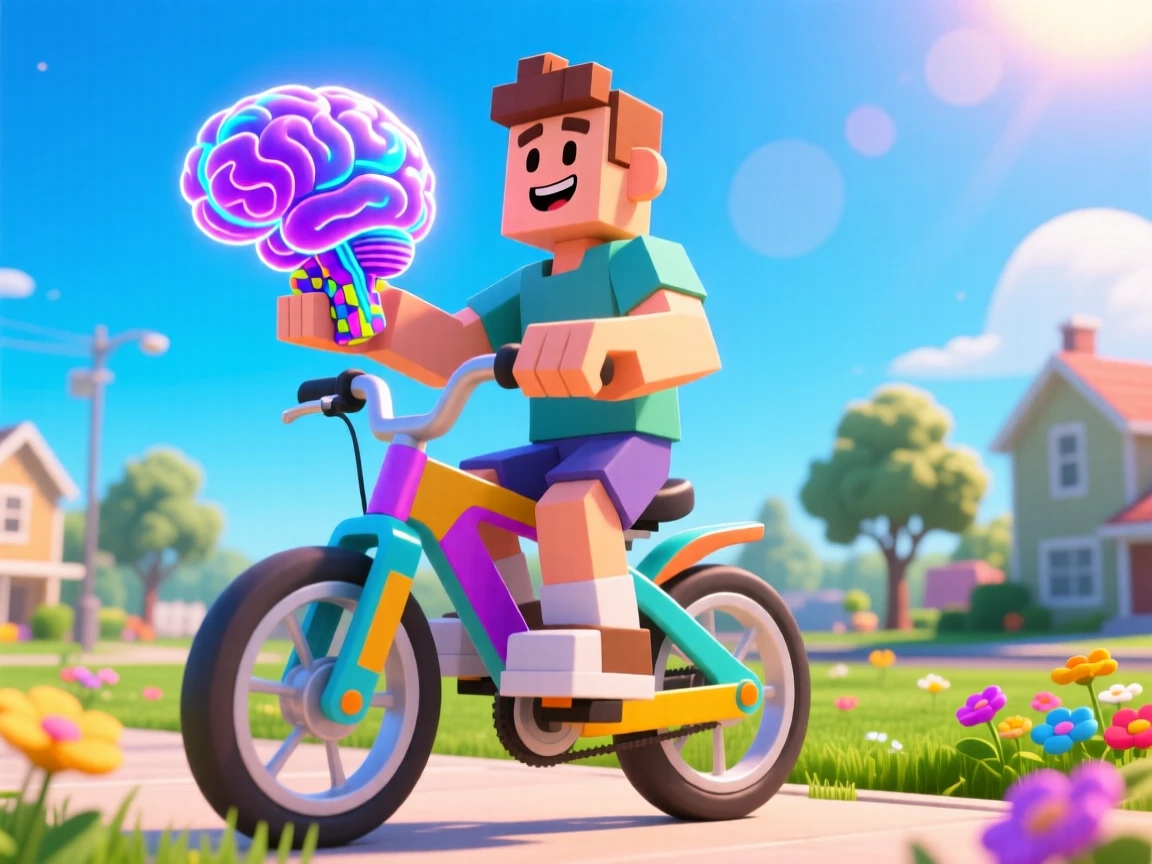 a men of roblox  with a brainrot on the  hand and on the bike on summer