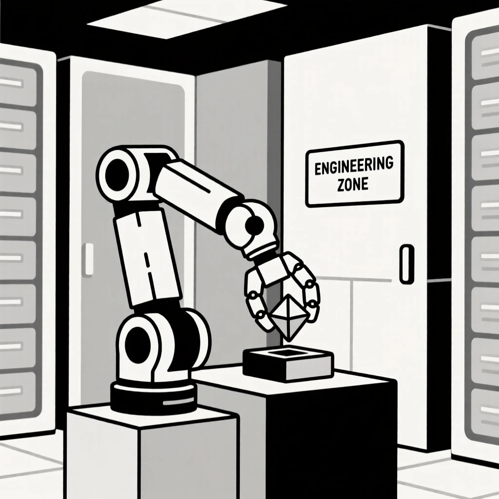 A view of robotic arm assembling a product operating within a quiet data center, near clean geometric surfaces, evoking precise engineering.