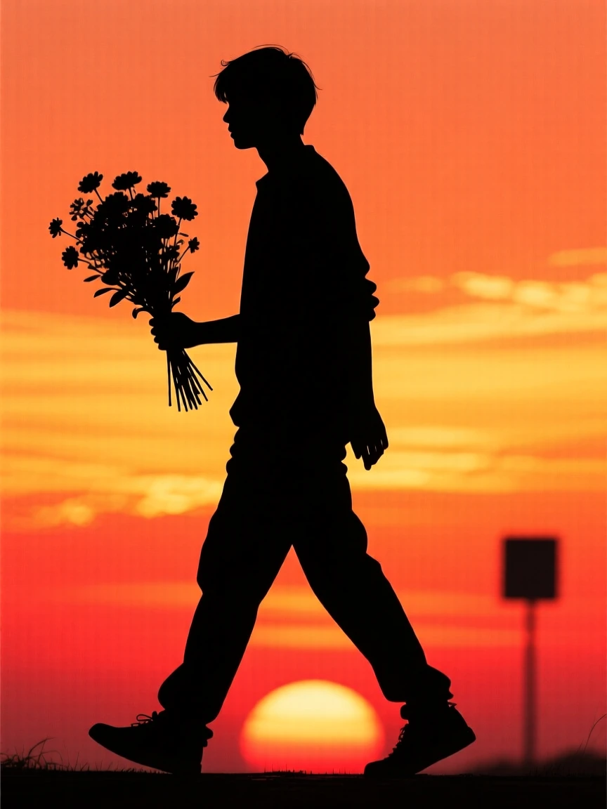 A person walking home carrying a bouquet of fresh flowers.