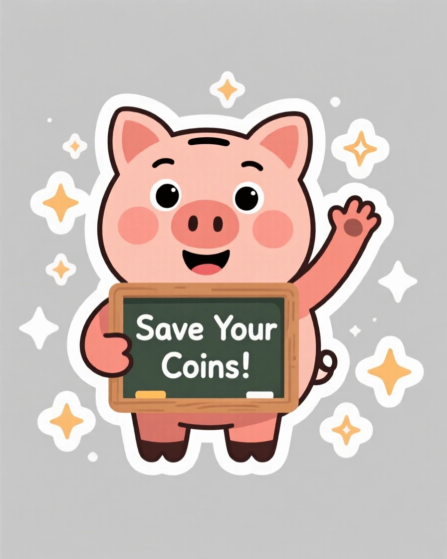 A warm and welcoming smiling piggy bank teaching about saving money, surrounded by sparkles of curiosity, ideal for early childhood learning.