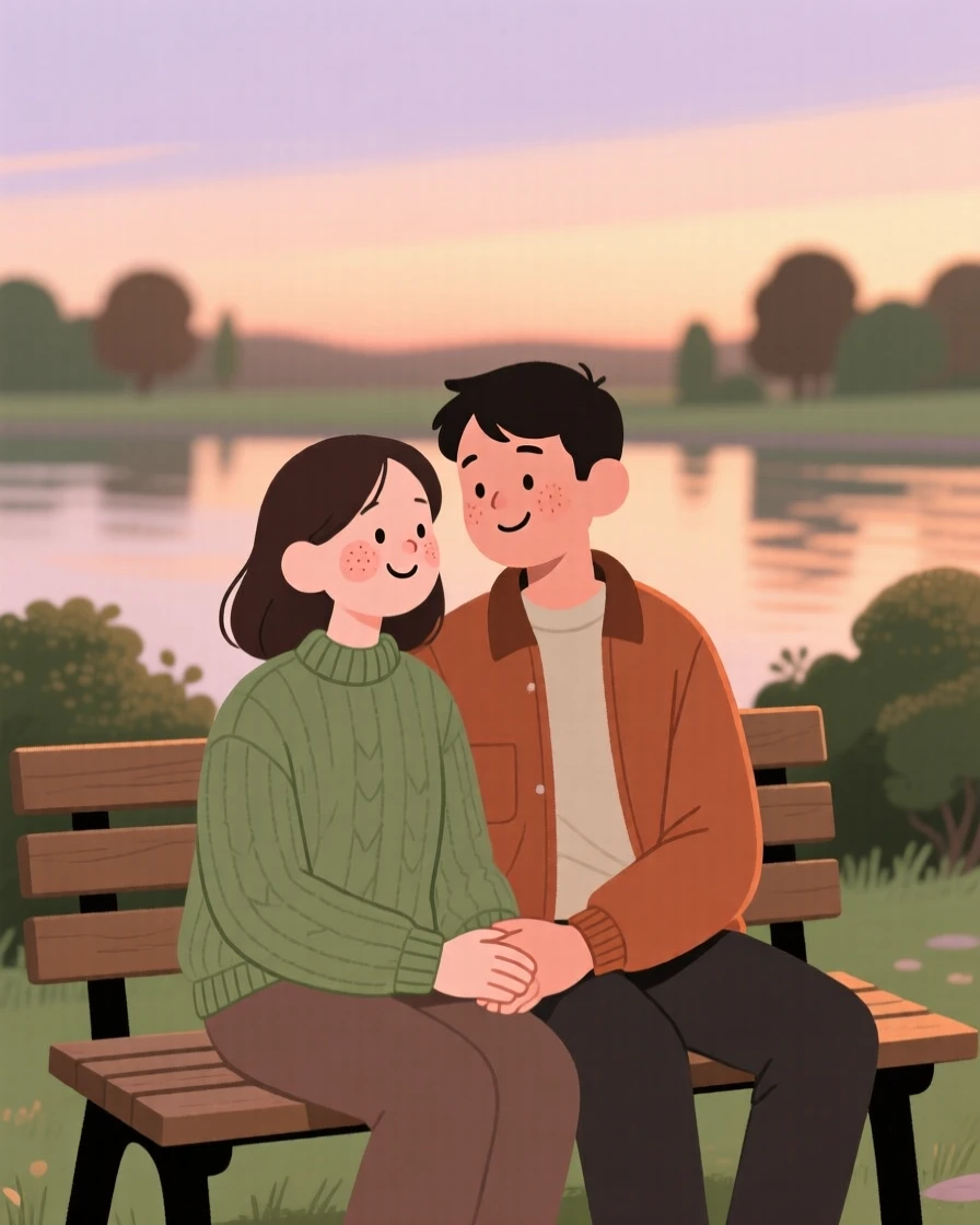 A couple shares a quiet moment on a garden bench at dusk, leaning close together as the last light fades over the water surrounds them.