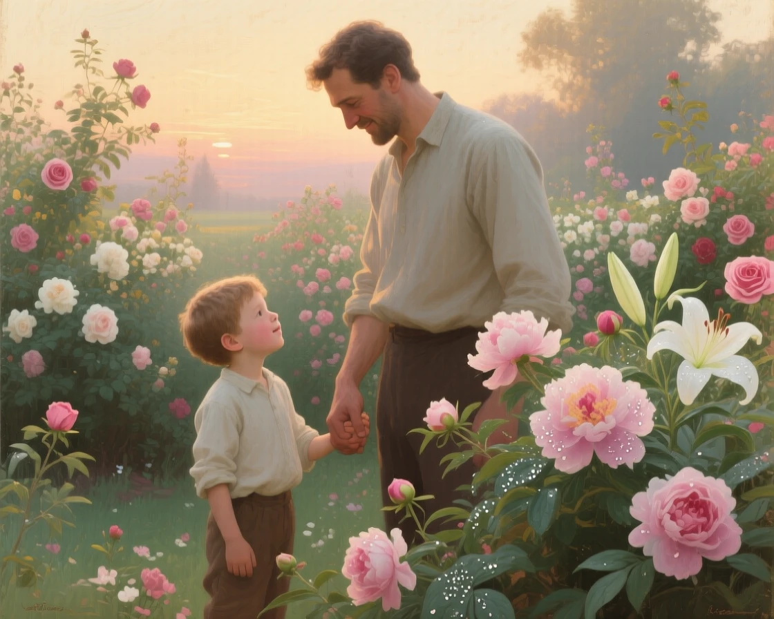 A medium shot of a father and his son in a fragrant flower garden, filled with tender affection, at dawn.