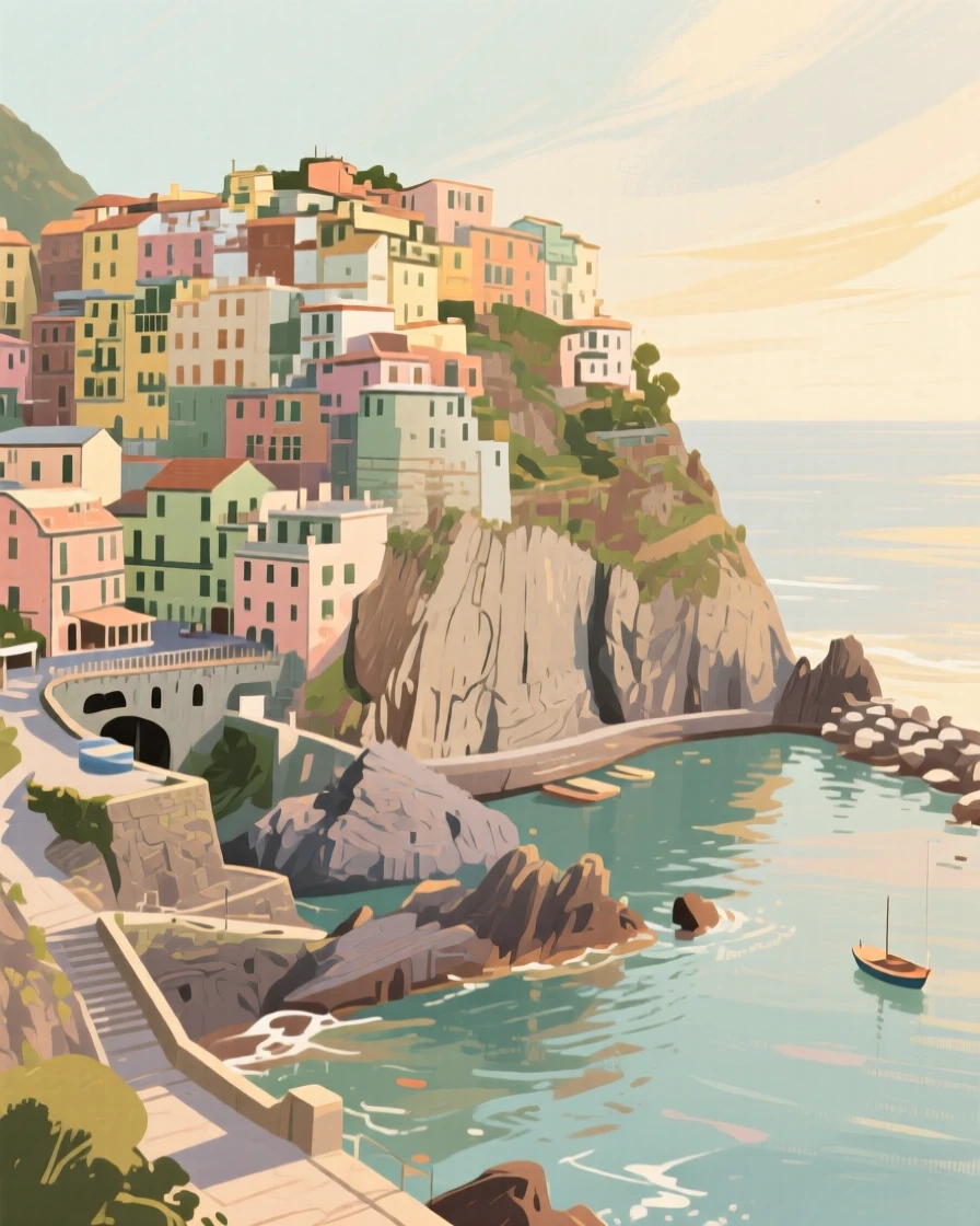A cliffside town with narrow streets winding down to a harbor