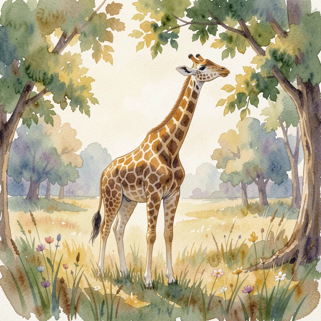 A giraffe reaching for treetop leaves in a sunlit meadow with its ears perked up.