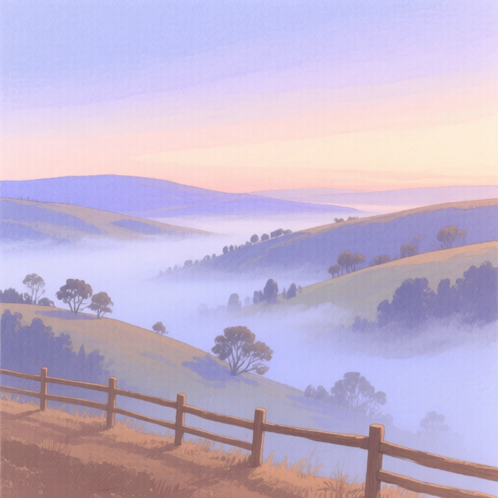 A serene view of a misty valley overlook, as the last light of day fades softly, evoking calm and quiet reflection