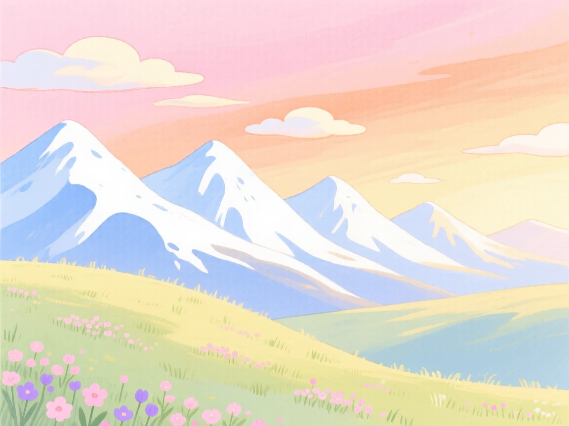 A sweeping view of a chain of snow-capped mountains at dawn in early spring.