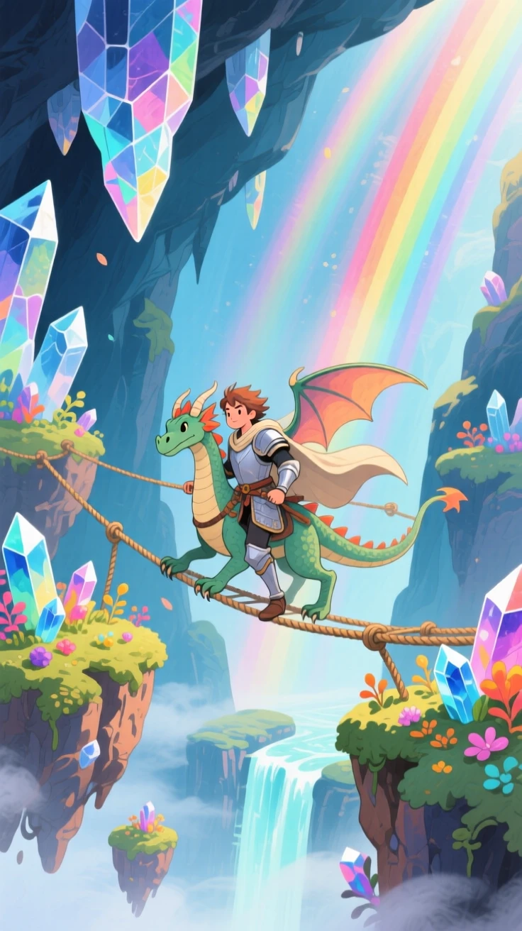 A dragon rider crossing a rope bridge suspended between floating islands, in a crystal cave shimmering with rainbow light, radiating hope and heroic determination.