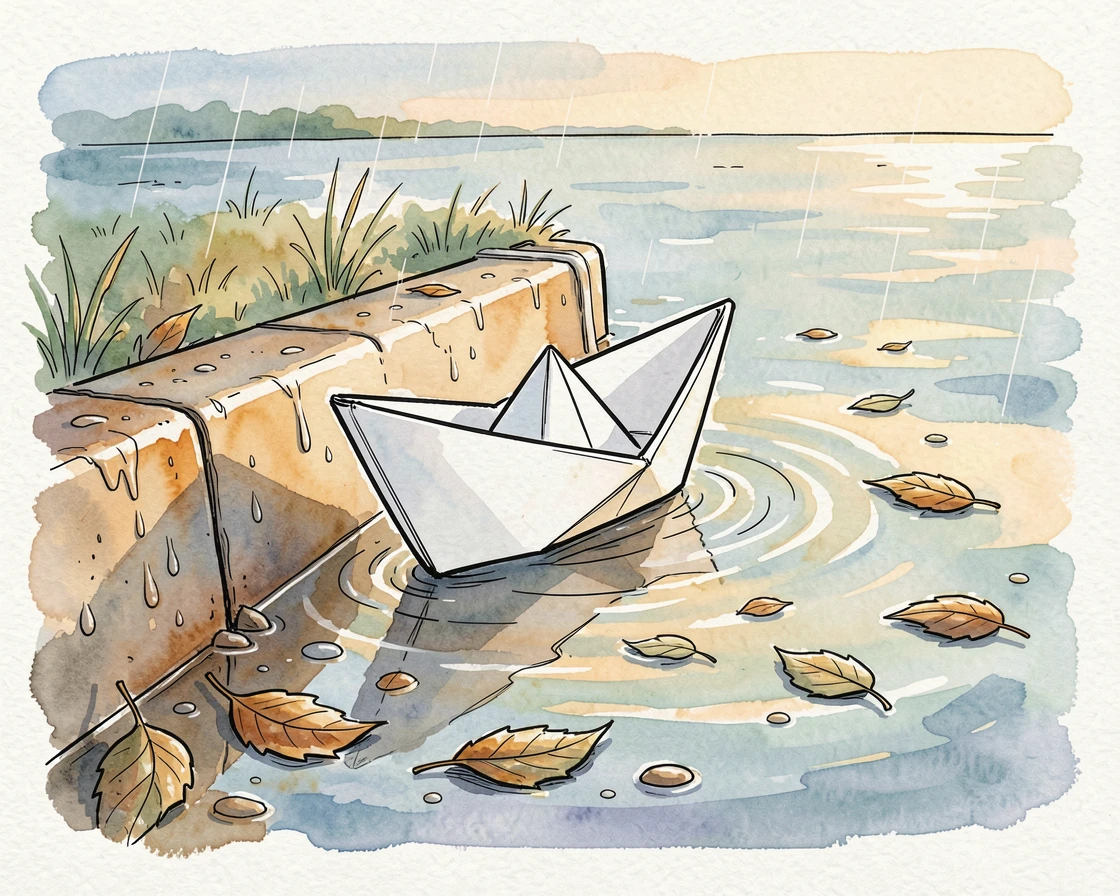 A paper boat floating down a rain-swollen gutter toward open water, warm light framing the scene with gentle optimism.