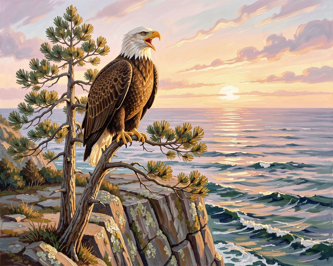Atop a weathered cliff overlooking the sea, a bald eagle perched atop a tall pine, it calling out from its high perch, at sunrise, feathers catching the first golden light.