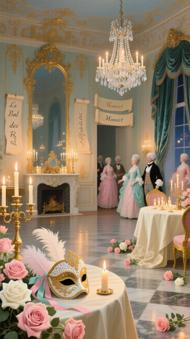A ballroom after midnight with scattered roses, masks, and candlelight  