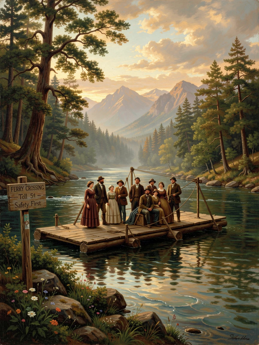 A group of travelers crosses a river on a rustic wooden ferry.