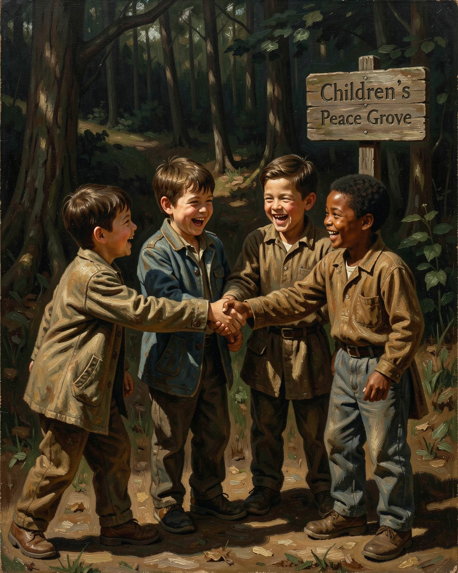 A group of children from different backgrounds playing joyfully together, as a single meaningful gesture captures the heart of the moment, offering a genuinely moving and unforgettable emotional moment