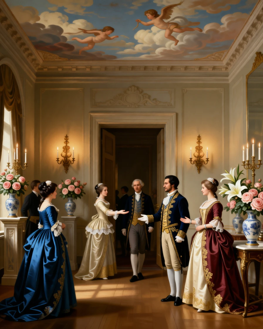A count and countess receiving guests at a candlelit ballroom entrance during a rare and cherished family gathering, set beneath a painted ceiling depicting cherubs and clouds, with fresh flowers arranged in porcelain vases throughout the room; converging sightlines from the guests draw attention to the central gesture, radiating celebration, elegance, and social grace.
