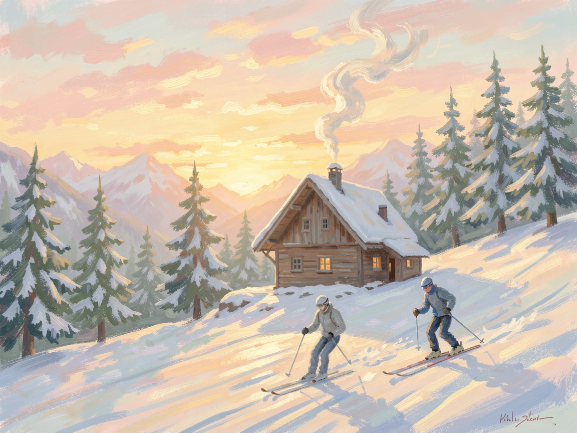 A rustic mountain refuge in the Alps, smoke curling from the chimney as skiers pass by at dusk, at golden sunrise.