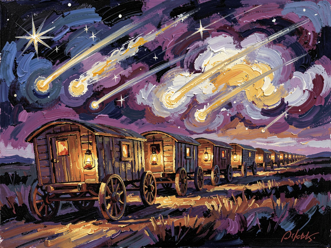 A caravan of lantern-lit wagons traveling beneath a sky filled with shooting stars.