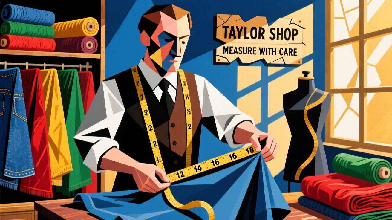 A tailor measuring fabric in a sunlit shop filled with colorful bolts of cloth.