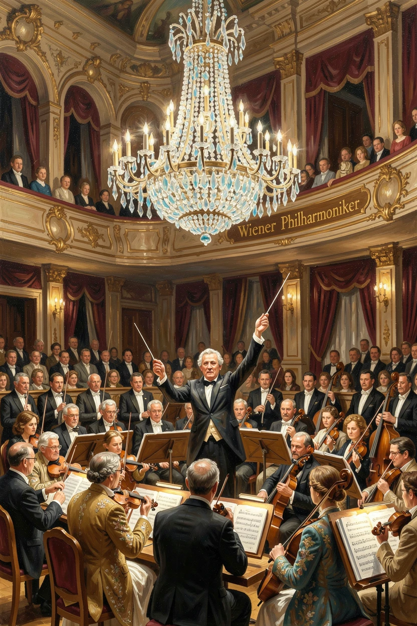 A symphony orchestra performs beneath a grand chandelier in an ornate concert hall, the conductor's baton raised mid-motion, small cultural details woven throughout the scene, grounding it in a specific time and place.
