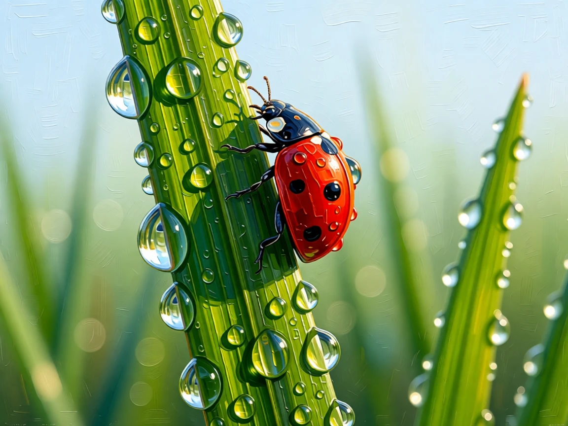 A ladybug climbing a dew-drenched blade of grass in early morning light