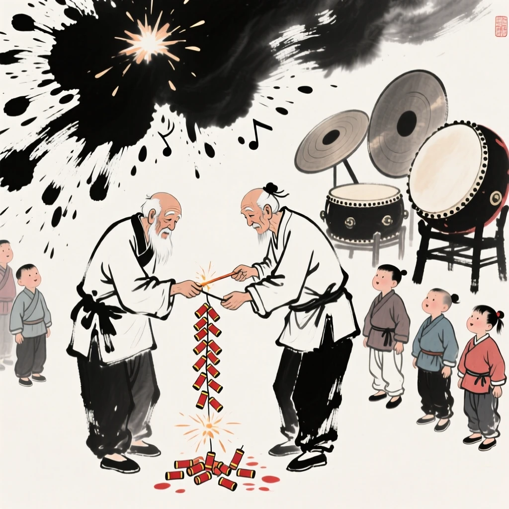 A grandfather lights a string of firecrackers as children watch from a safe distance, with drums and cymbals sounding through the streets.