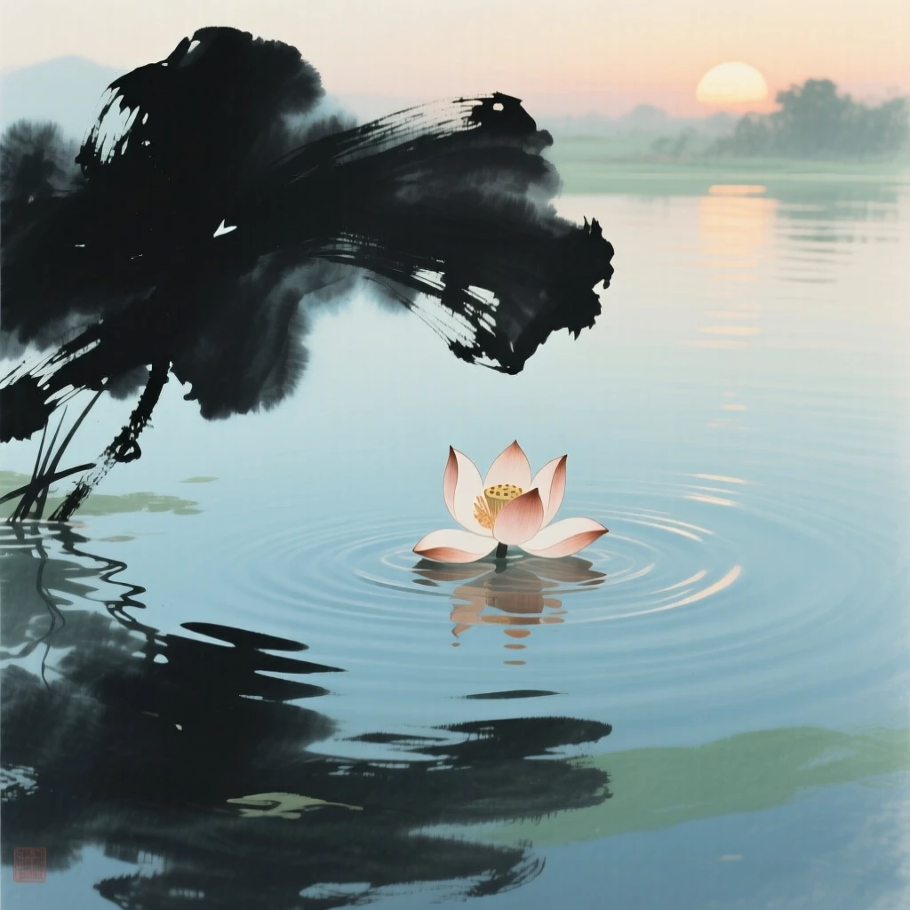 A single blossom floating on the surface of a still pond, in the quiet hour before sunrise.