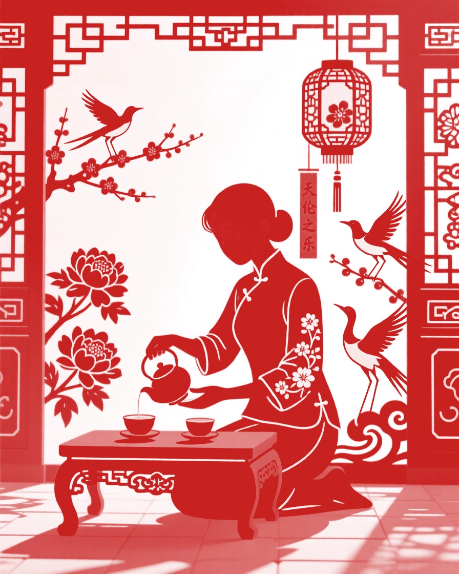 A young mother, preparing tea in a sunlit courtyard, in capturing an ordinary moment made meaningful by togetherness.