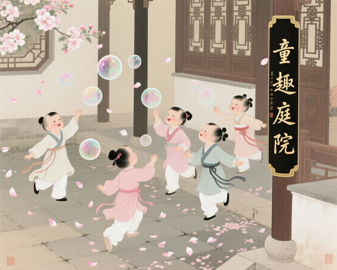Children chasing soap bubbles in a courtyard filled with falling petals