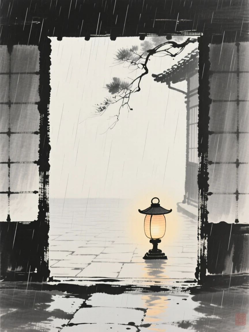 A single lantern glowing in an empty courtyard as gentle rain falls in the distance, framed with soft, diffused light throughout, capturing a fleeting, meditative moment of peace.