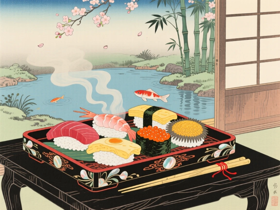 An elaborate sushi platter cooling in the early morning breeze.
