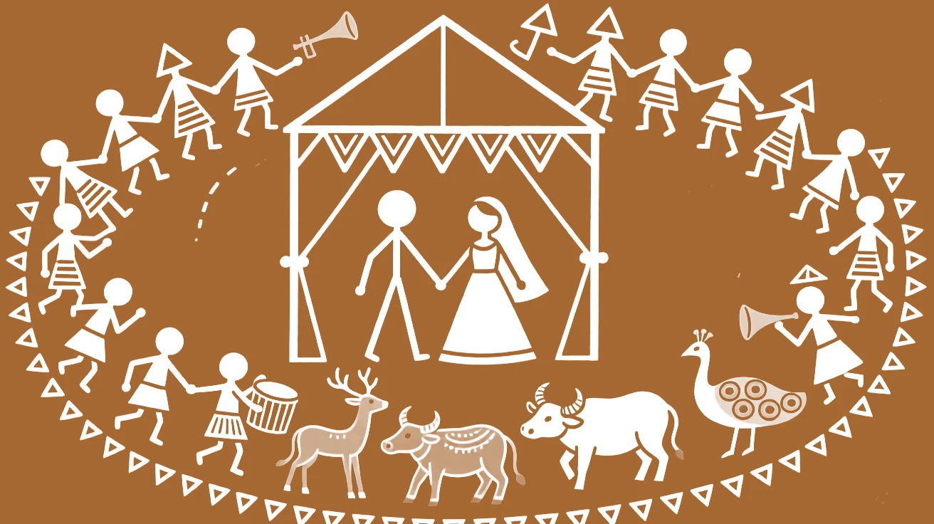 A composition centered on a wedding canopy encircled by a procession of animals and villagers.