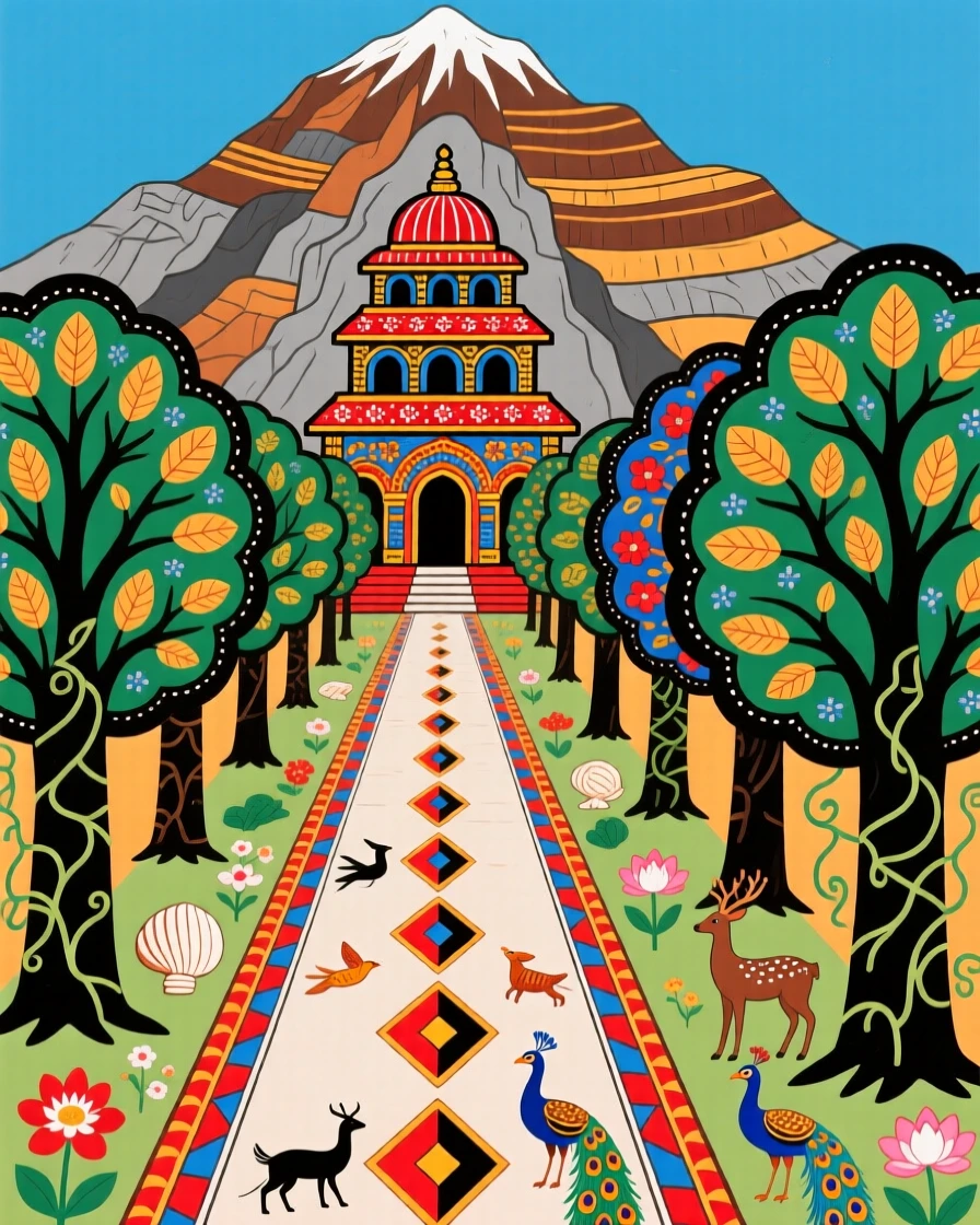 A pilgrimage road lined with ancient trees leading to a mountain shrine.